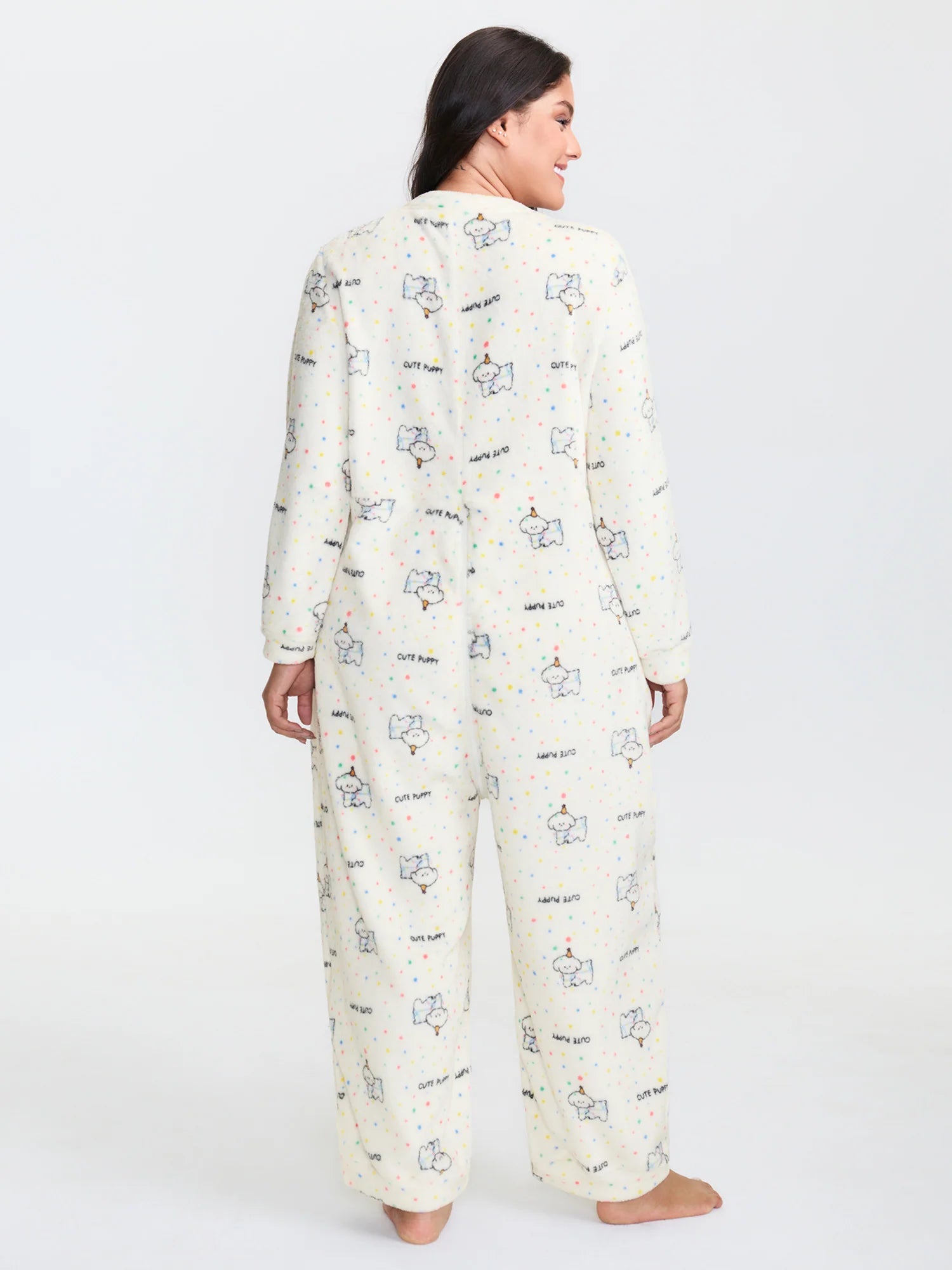 Cozy Puppy Print Zipper Front Lounge Jumpsuit