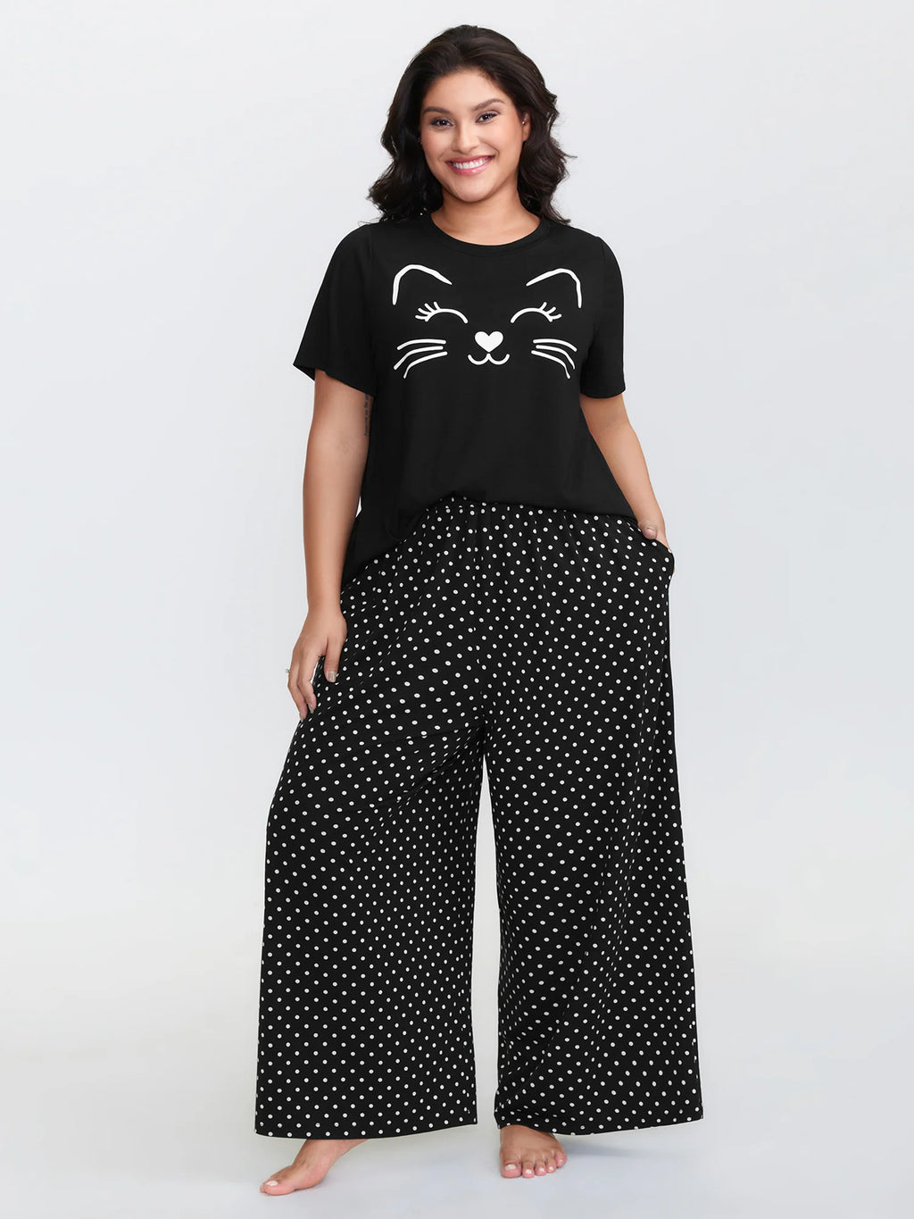 Cute Cat Polka Dots Print Sleepwear Set