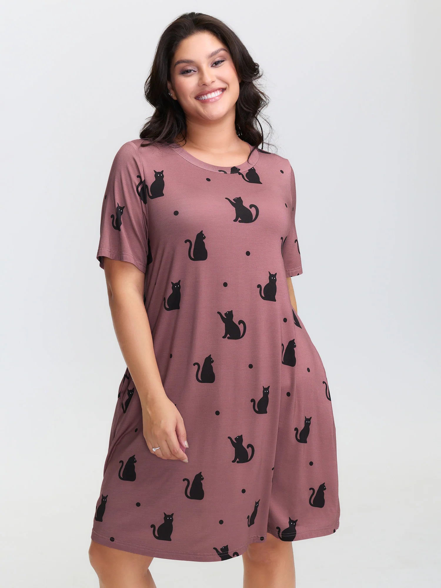 Stretchy Cat Print Round Neck Lounge Dress