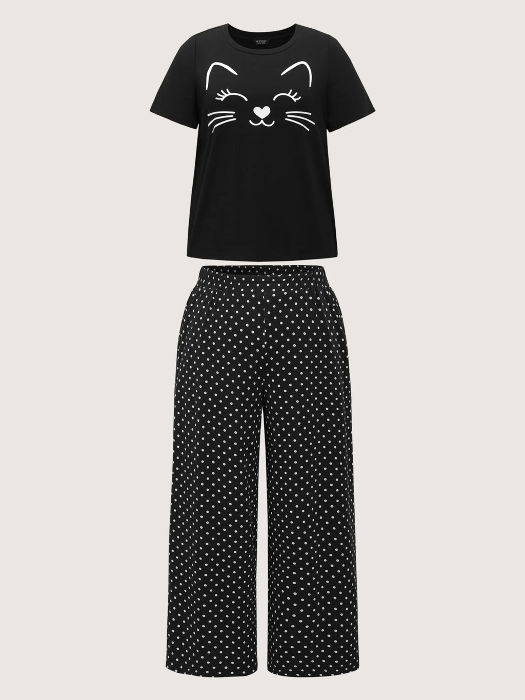 Cute Cat Polka Dots Print Sleepwear Set