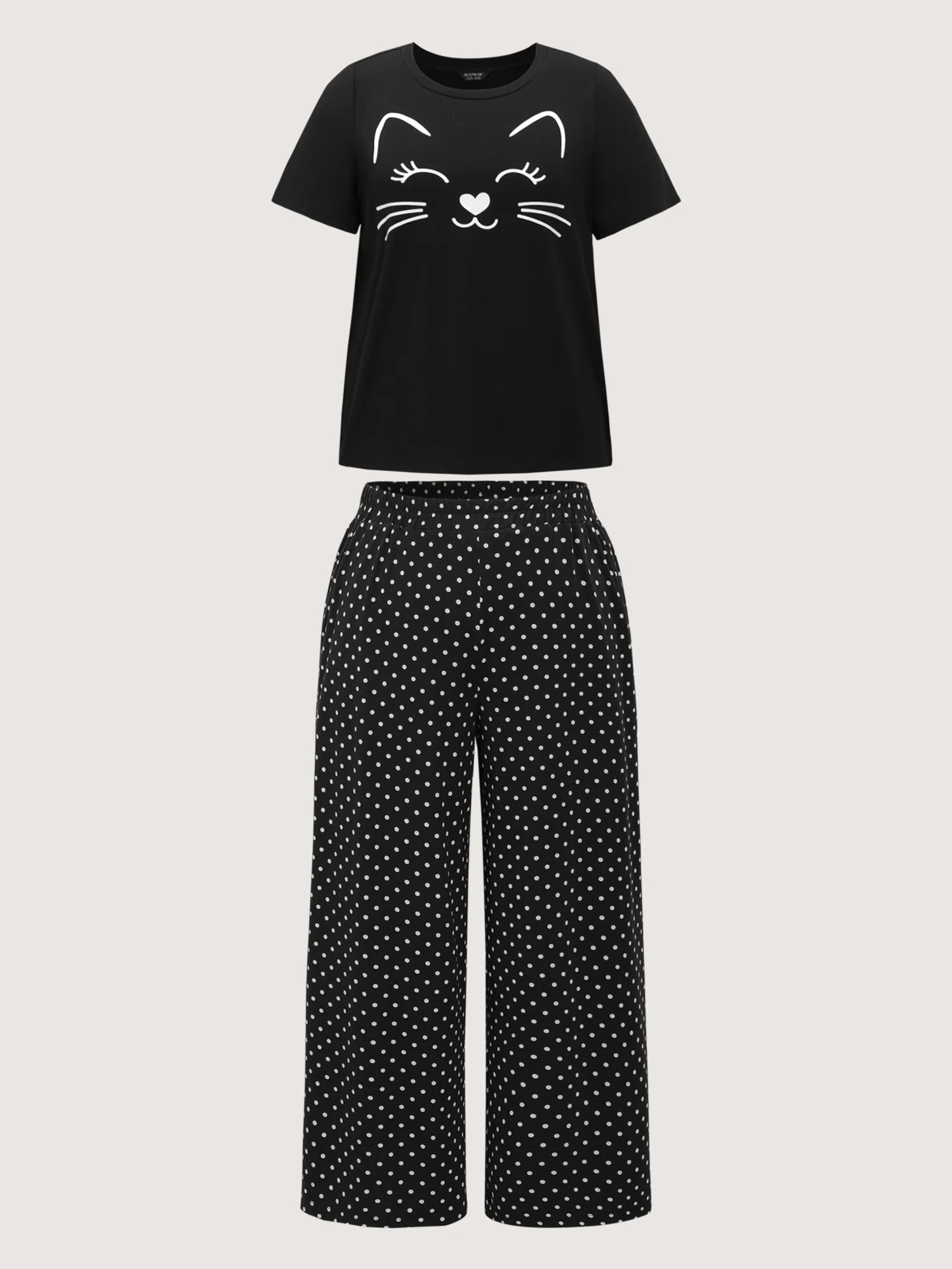 Cute Cat Polka Dots Print Sleepwear Set