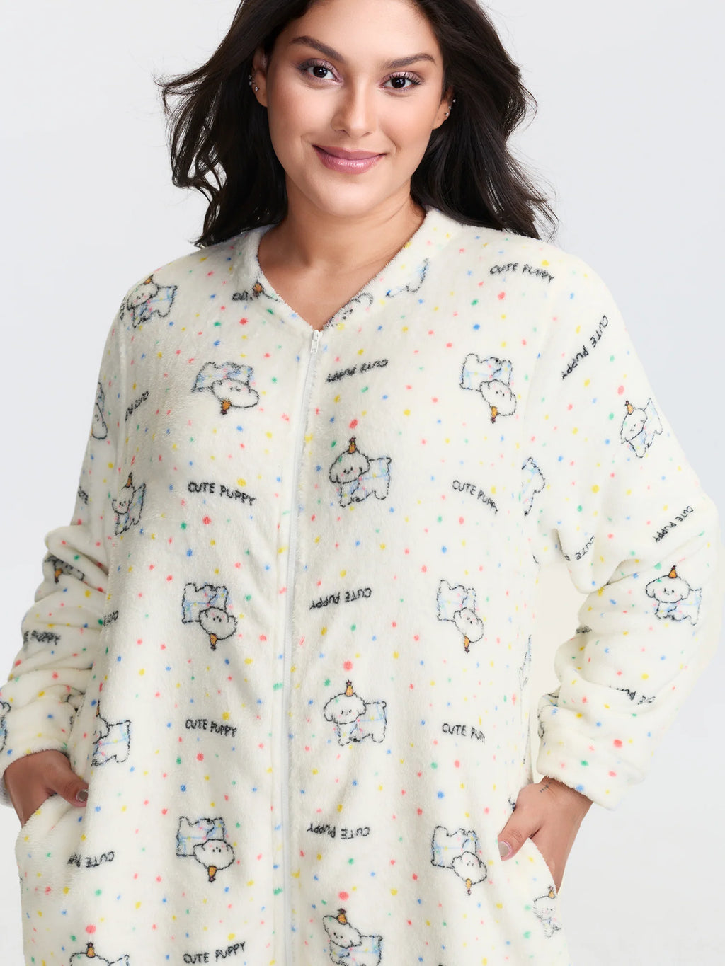 Cozy Puppy Print Zipper Front Lounge Jumpsuit