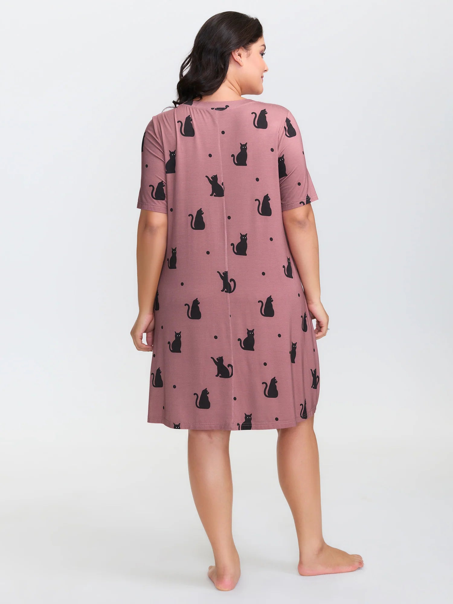 Stretchy Cat Print Round Neck Lounge Dress