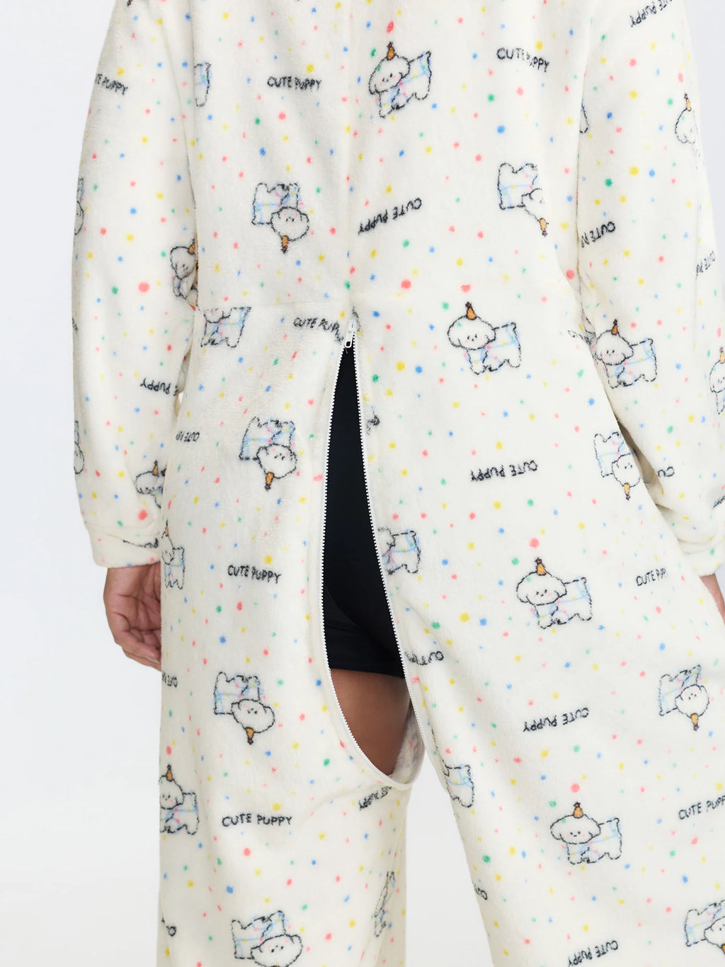 Cozy Puppy Print Zipper Front Lounge Jumpsuit