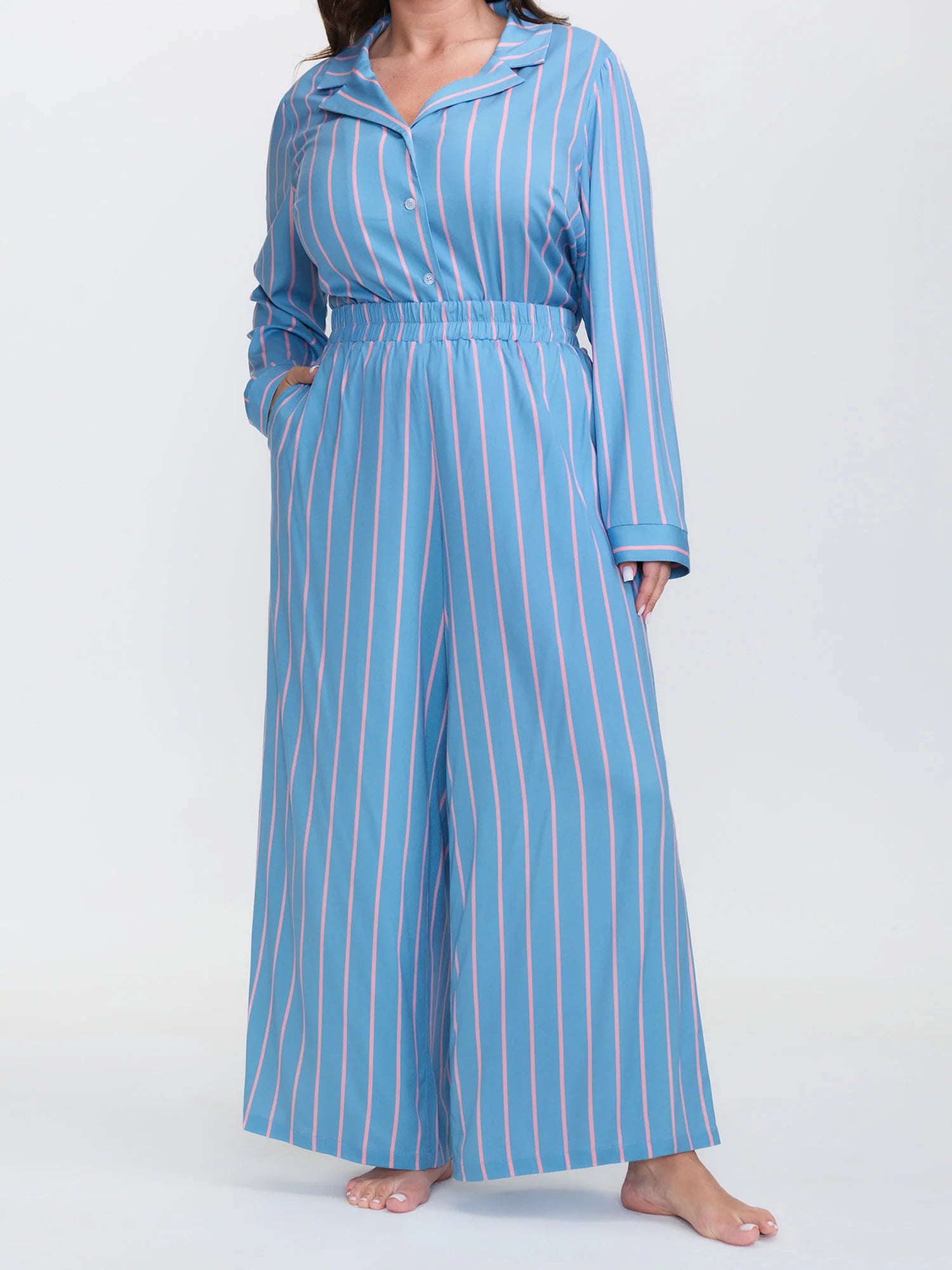 Stripe Print Pockets Sleepwear Set