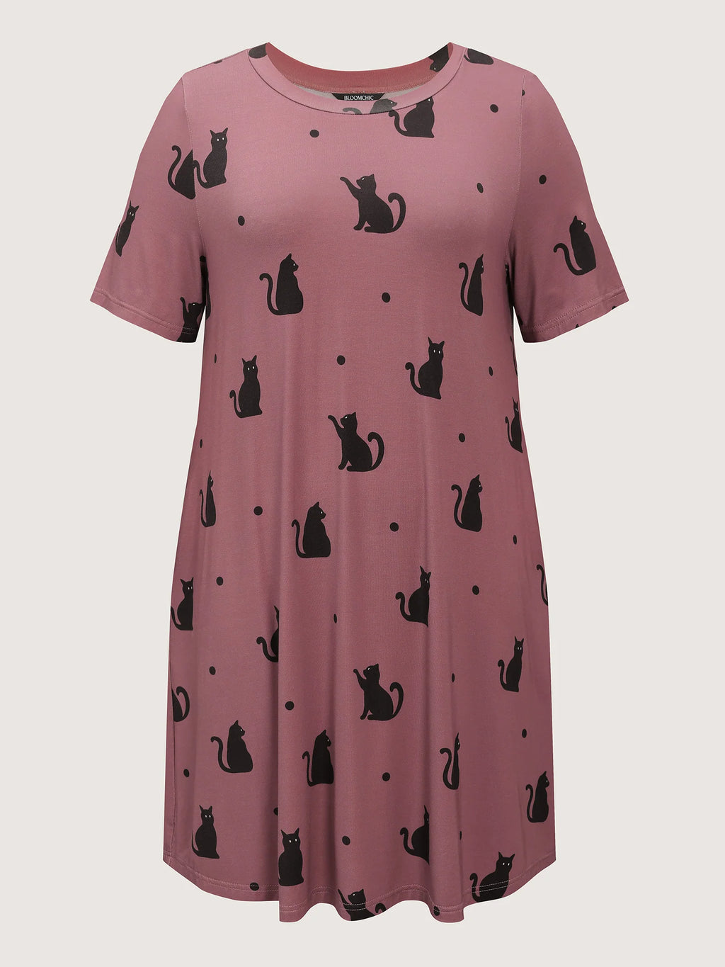 Stretchy Cat Print Round Neck Lounge Dress