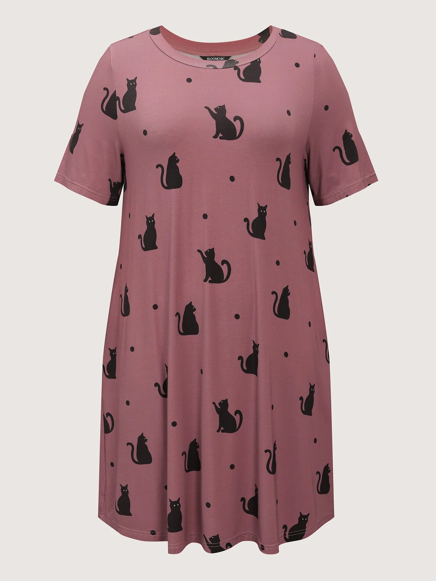 Stretchy Cat Print Round Neck Lounge Dress